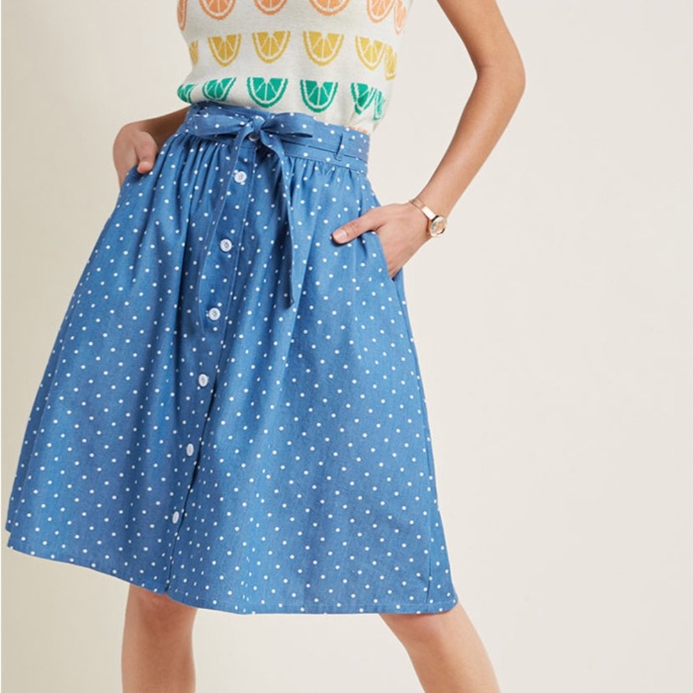 ModCloth Park Bench Artistry A-Line Skirt Chambray Blue with Pockets